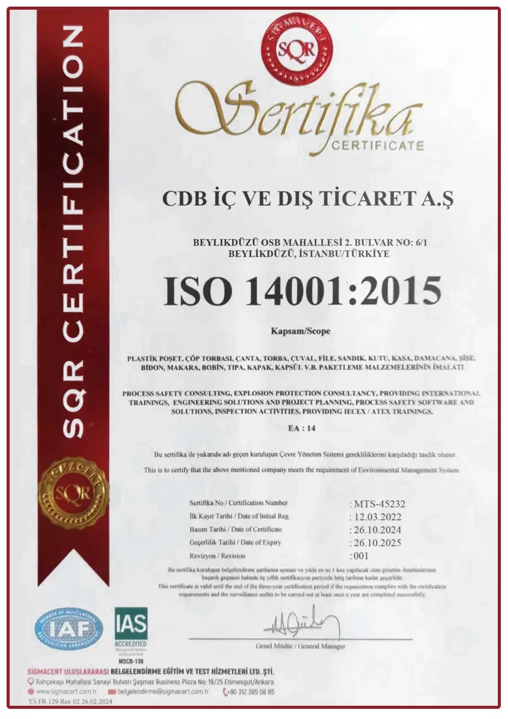 ISO 14001 certificate — Environmental Management Systems
