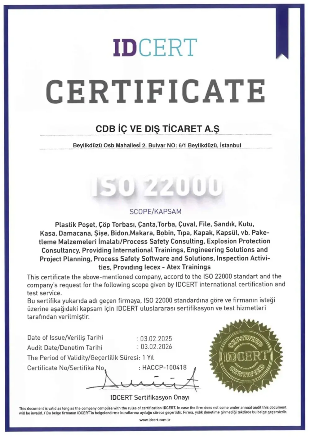 ISO 22000 certificate — Food Safety Management Systems