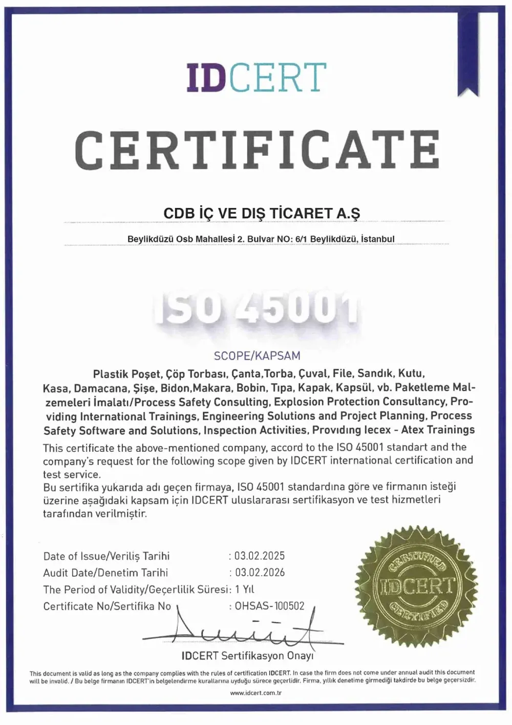 ISO 45001 certificate — Occupational Health & Safety