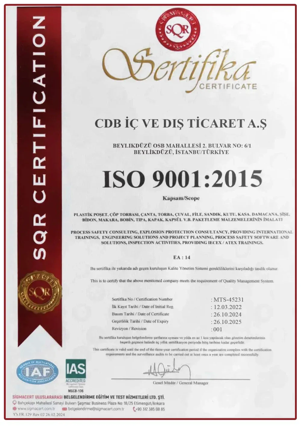 ISO 9001 certificate — Quality Management Systems